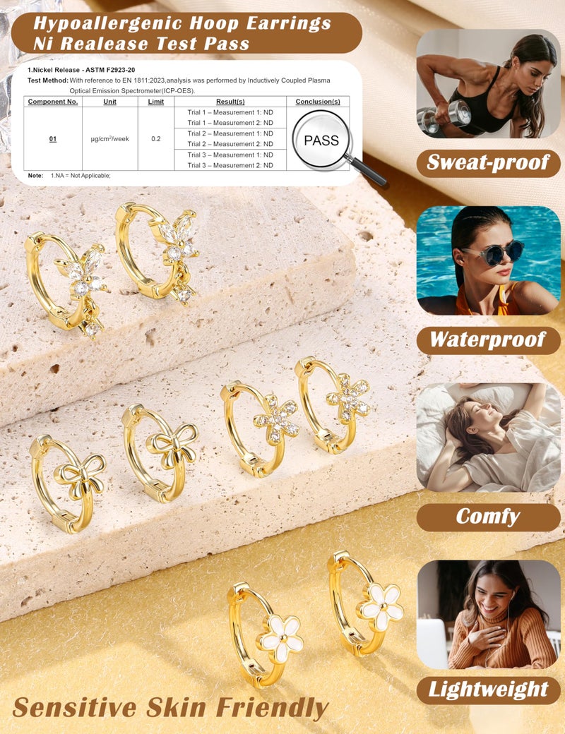 LOYALLOOK Small Hoop Earrings for Women Hypoallergenic Gold Huggie Hoop Earrings for Sensitive Ears Cute Flower Earrings CZ Bow Butterfly Earring Set 4pairs - Image 4