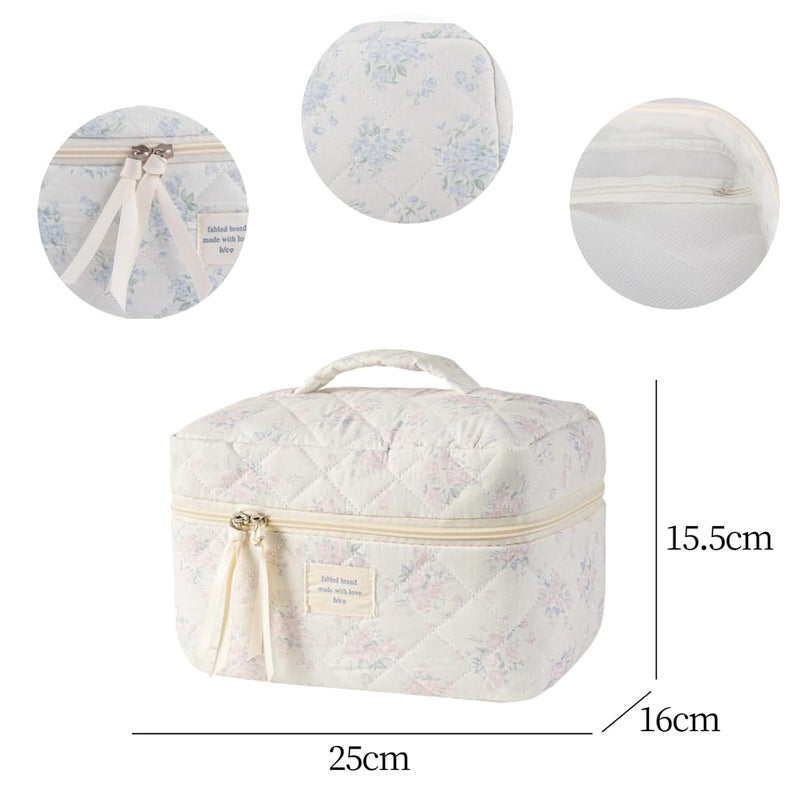 predolo Large Travel Quilted Makeup Bag Cosmetic Bags Cute Floral Cotton Cosmetic Bag for Women Girls Coquette Aesthetic Floral Toiletry Organizer Bag - Image 4