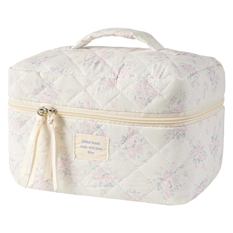predolo Large Travel Quilted Makeup Bag Cosmetic Bags Cute Floral Cotton Cosmetic Bag for Women Girls Coquette Aesthetic Floral Toiletry Organizer Bag - Image 1