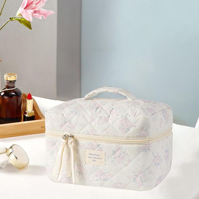 predolo Large Travel Quilted Makeup Bag Cosmetic Bags Cute Floral Cotton Cosmetic Bag for Women Girls Coquette Aesthetic Floral Toiletry Organizer Bag - Image 3