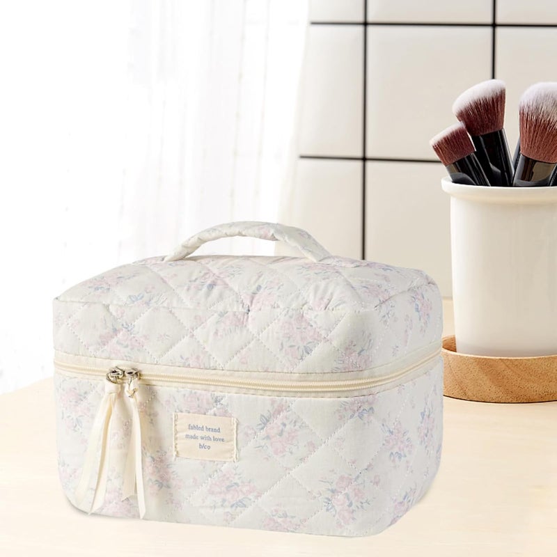 predolo Large Travel Quilted Makeup Bag Cosmetic Bags Cute Floral Cotton Cosmetic Bag for Women Girls Coquette Aesthetic Floral Toiletry Organizer Bag - Image 5