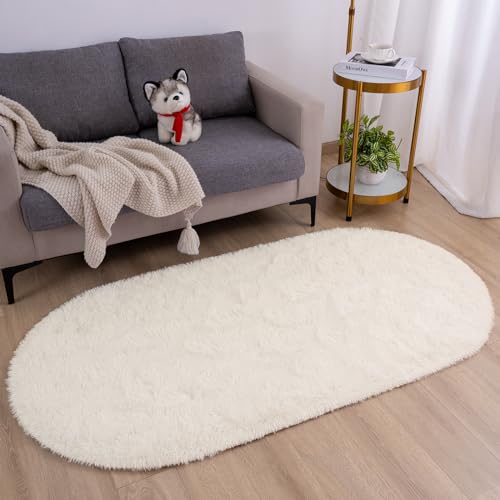 Goideal Fluffy Bedroom Rug, Small Oval Area Rugs, Cream Shag Bedside Carpet for Kids Room Nursery Dorm Cute Fuzzy Indoor Decor for Boy and Girl, 2.6 x 5.3 Feet - Image 2