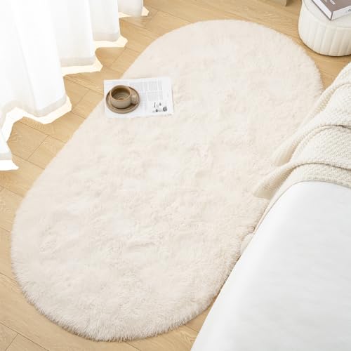 Goideal Fluffy Bedroom Rug, Small Oval Area Rugs, Cream Shag Bedside Carpet for Kids Room Nursery Dorm Cute Fuzzy Indoor Decor for Boy and Girl, 2.6 x 5.3 Feet - Image 4
