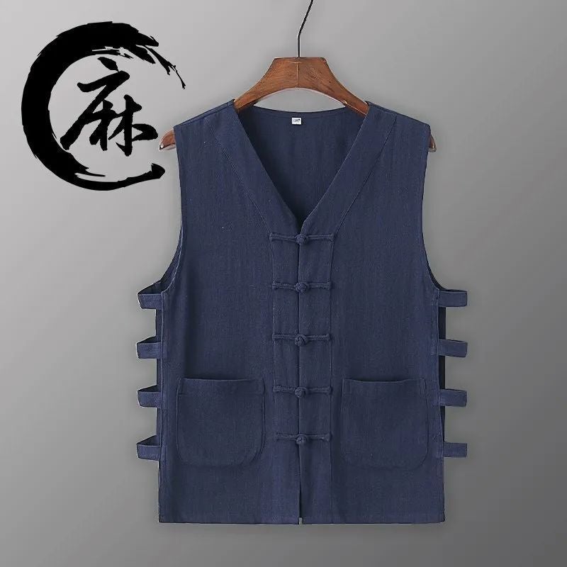 Summer Linen Sweatshirt Old Beijing Vest Northern Shaanxi Sweatshirt Mens Chinese Sleeveless Vest Waistband Buckle Chinese Style dark green - Image 2