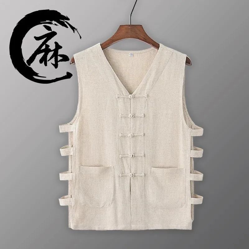 Summer Linen Sweatshirt Old Beijing Vest Northern Shaanxi Sweatshirt Mens Chinese Sleeveless Vest Waistband Buckle Chinese Style dark green - Image 3