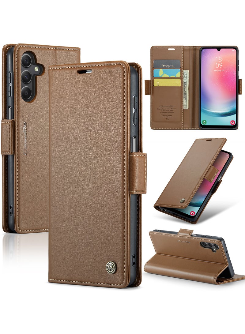 Flip Wallet Case for Samsung Galaxy A24 4G, Leather Magnetic Attachment Flip Case Brown  - Image 1