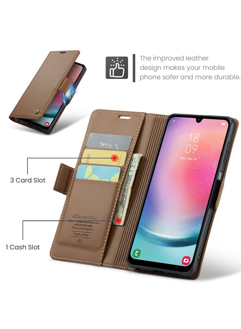 Flip Wallet Case for Samsung Galaxy A24 4G, Leather Magnetic Attachment Flip Case Brown  - Image 2