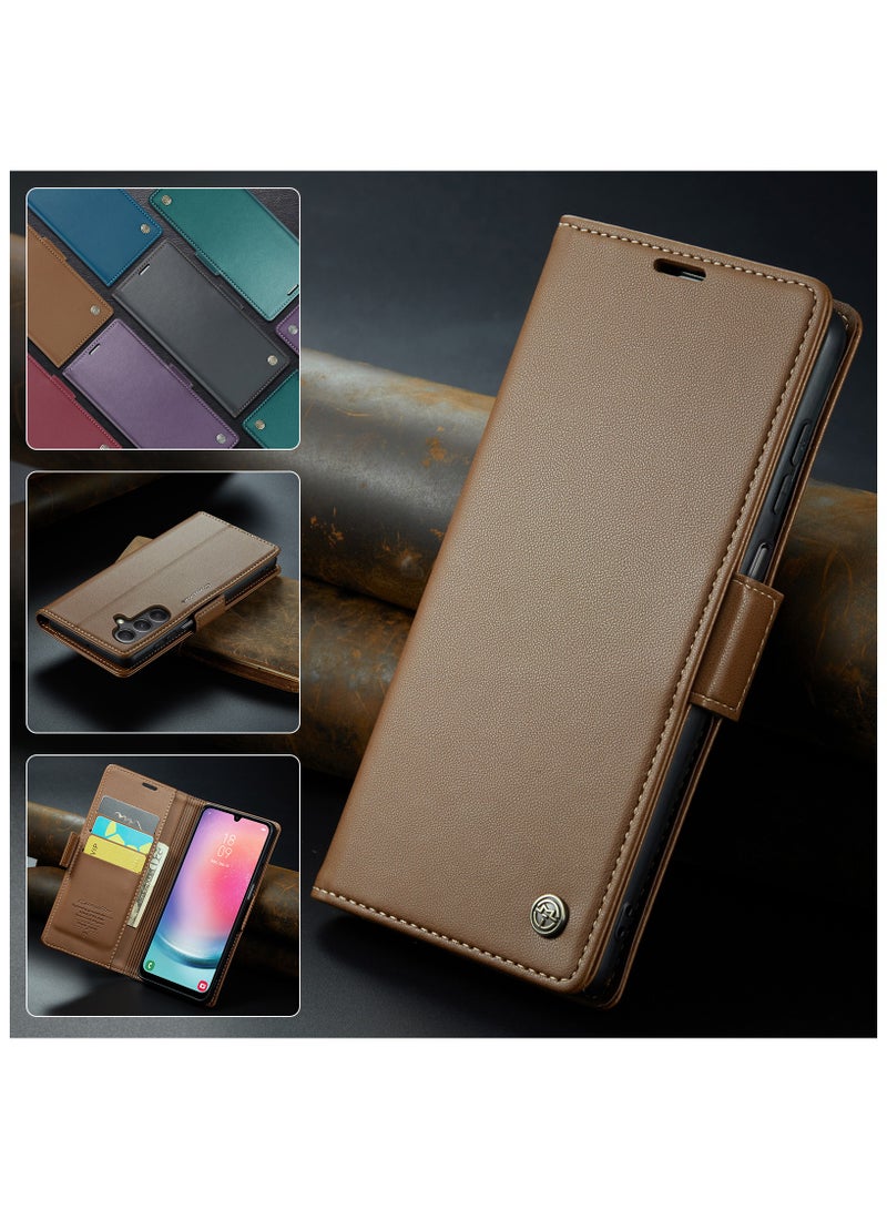 Flip Wallet Case for Samsung Galaxy A24 4G, Leather Magnetic Attachment Flip Case Brown  - Image 4