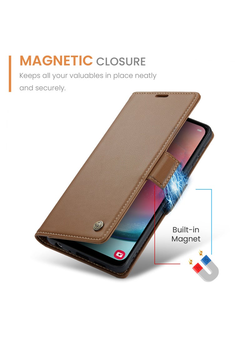 Flip Wallet Case for Samsung Galaxy A24 4G, Leather Magnetic Attachment Flip Case Brown  - Image 3