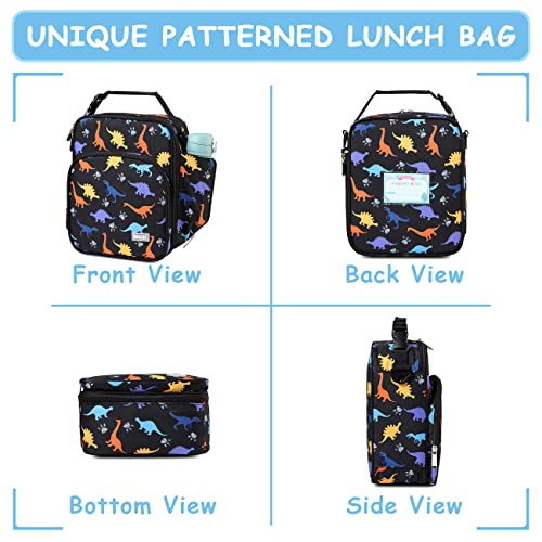 VASCHY Lunch Boxes Bag for Kids, Insulated Lunchbox Reusable Containers for Boys with Detachable Shoulder Strap for School Black Dinosaur - Image 3