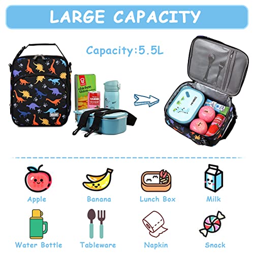VASCHY Lunch Boxes Bag for Kids, Insulated Lunchbox Reusable Containers for Boys with Detachable Shoulder Strap for School Black Dinosaur - Image 4