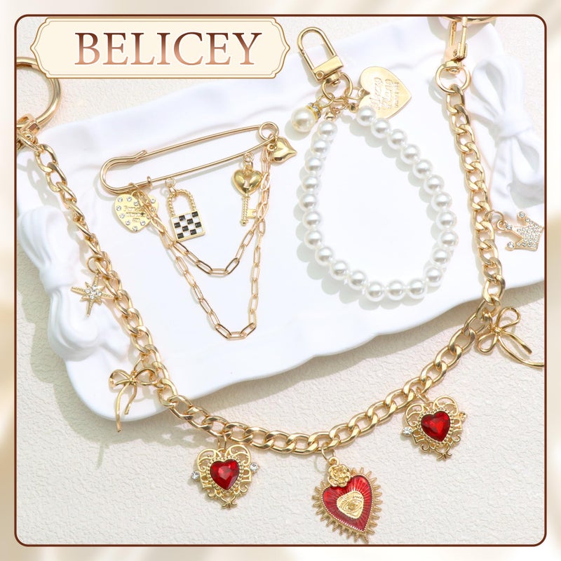 BELICEY Gold Bag Charm Chain Red Heart Rhinestone Purse Charms Set Dazzling Bow Purse Chain Elegant Pearls for Valentineâ€˜s Day Handbag Safety Pin for Wallet Crossbody Shoulder Bags Accessories - Image 5