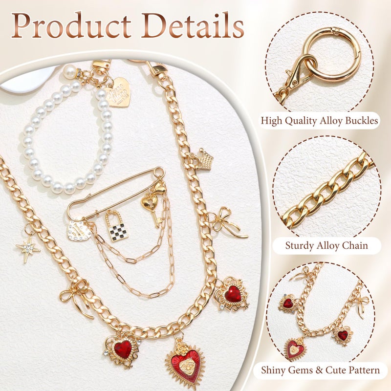 BELICEY Gold Bag Charm Chain Red Heart Rhinestone Purse Charms Set Dazzling Bow Purse Chain Elegant Pearls for Valentineâ€˜s Day Handbag Safety Pin for Wallet Crossbody Shoulder Bags Accessories - Image 3