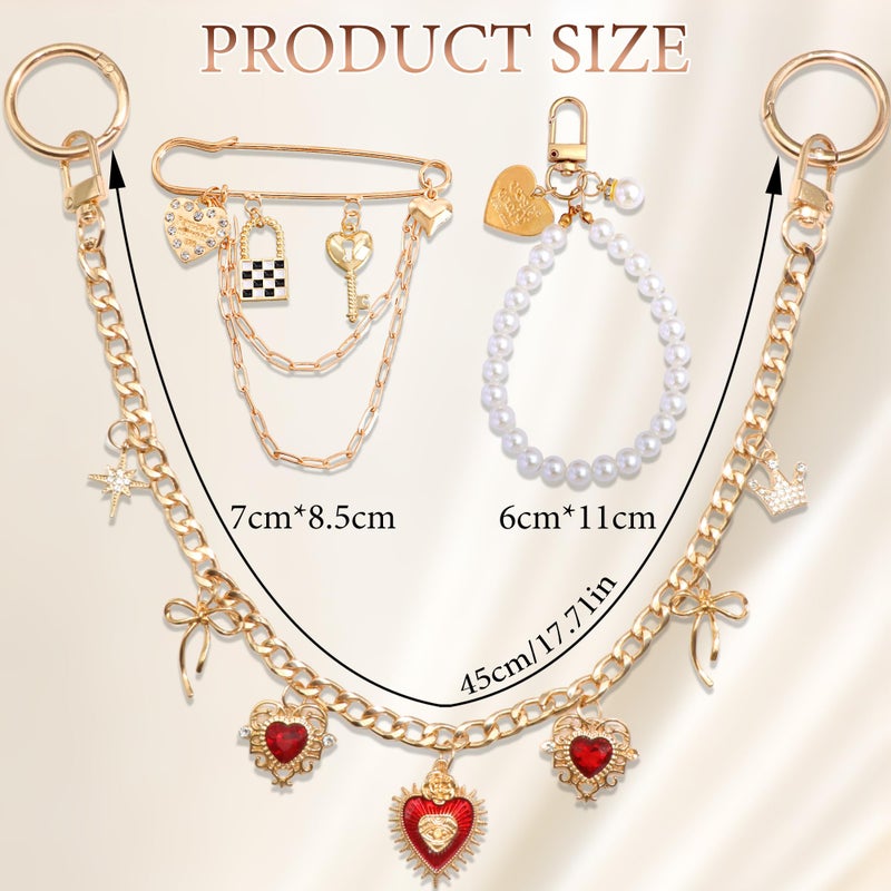 BELICEY Gold Bag Charm Chain Red Heart Rhinestone Purse Charms Set Dazzling Bow Purse Chain Elegant Pearls for Valentineâ€˜s Day Handbag Safety Pin for Wallet Crossbody Shoulder Bags Accessories - Image 2