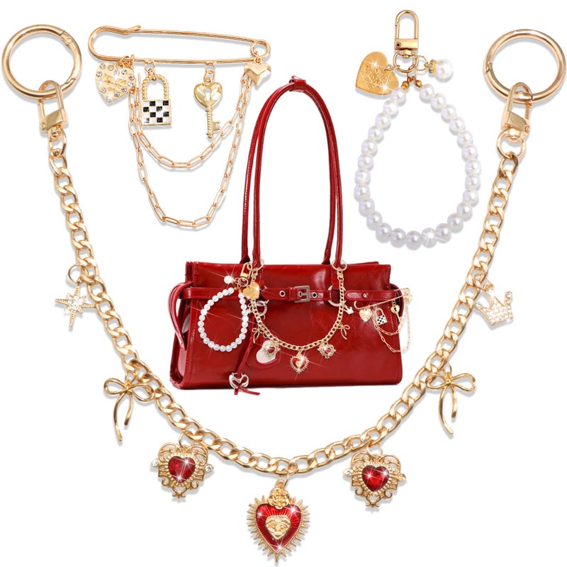 BELICEY Gold Bag Charm Chain Red Heart Rhinestone Purse Charms Set Dazzling Bow Purse Chain Elegant Pearls for Valentineâ€˜s Day Handbag Safety Pin for Wallet Crossbody Shoulder Bags Accessories - Image 1