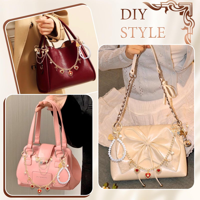 BELICEY Gold Bag Charm Chain Red Heart Rhinestone Purse Charms Set Dazzling Bow Purse Chain Elegant Pearls for Valentineâ€˜s Day Handbag Safety Pin for Wallet Crossbody Shoulder Bags Accessories - Image 4