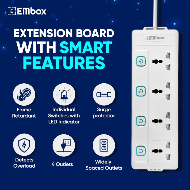 EMBOX لوحة تمديد مع مفاتيح 1500 واط، 4 مقابس عالمية، مفتاح فردي، غطاء أمان، واقي طاقة 6 أمبير، مؤشر LED وغطاء أمان، سلك تمديد بطول 1.8 متر - Image 3
