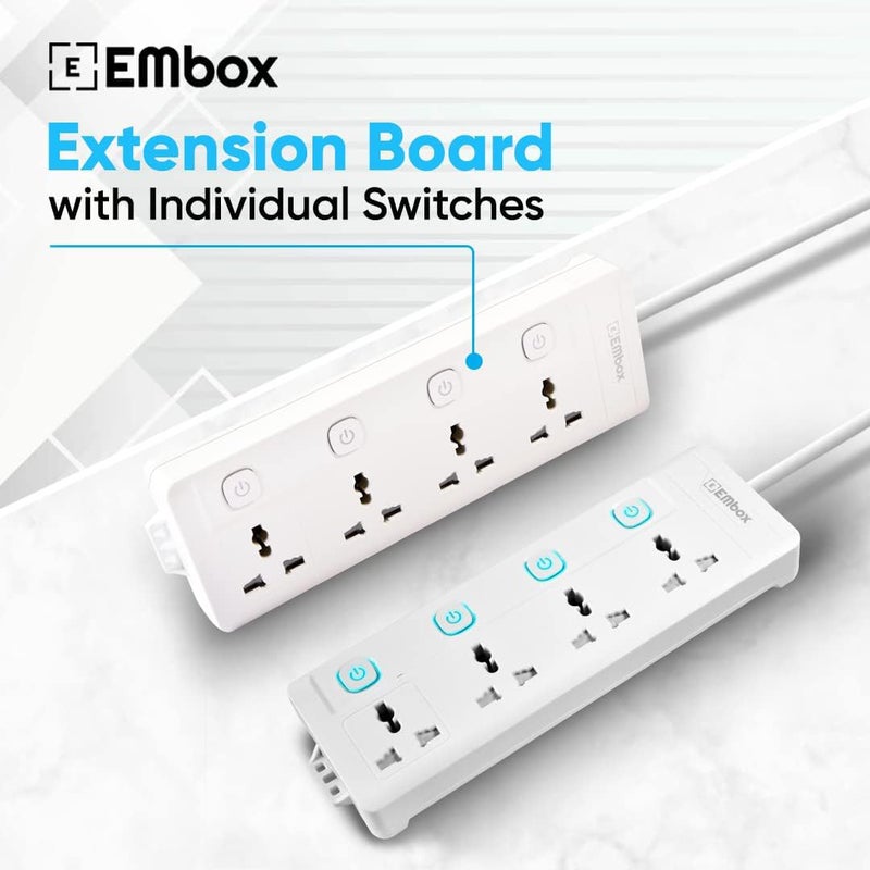 EMBOX لوحة تمديد مع مفاتيح 1500 واط، 4 مقابس عالمية، مفتاح فردي، غطاء أمان، واقي طاقة 6 أمبير، مؤشر LED وغطاء أمان، سلك تمديد بطول 1.8 متر - Image 2