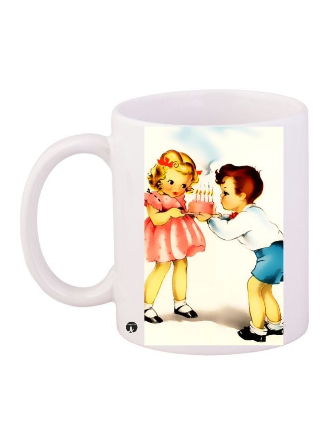 Cartoon Printed Coffee Mug White/Brown/Blue 11ounce