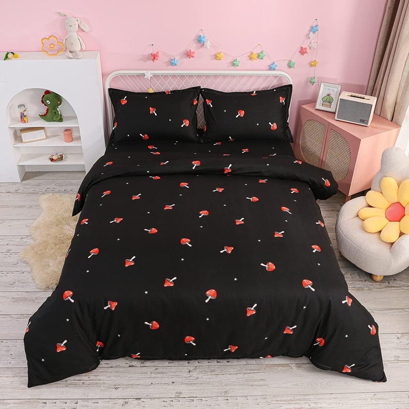 Erosebridal Cute Mushroom Duvet Cover Twin Kid Cartoon Kawaii Bedding Set Red Mushroom Shaped Comforter Cover Set Farmhouse Botanical Bedspread Cover Lovely Natural Wild Plants Quilt Cover Black Zipper 