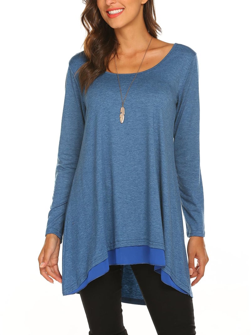 Poetsky Women's Layered Long Sleeve Scoop Neck A-Line Flowy Tunic Blouse Tops (XL, Blue) - Image 5