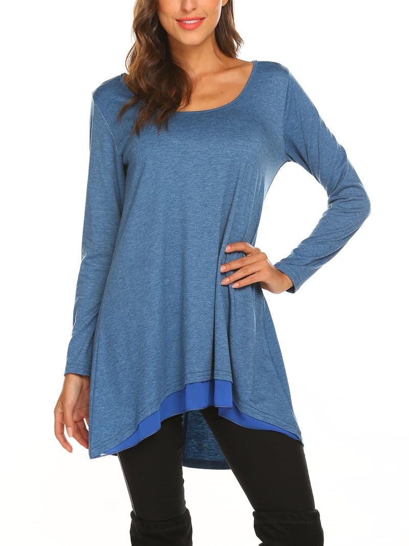 Poetsky Women's Layered Long Sleeve Scoop Neck A-Line Flowy Tunic Blouse Tops (XL, Blue) - Image 3