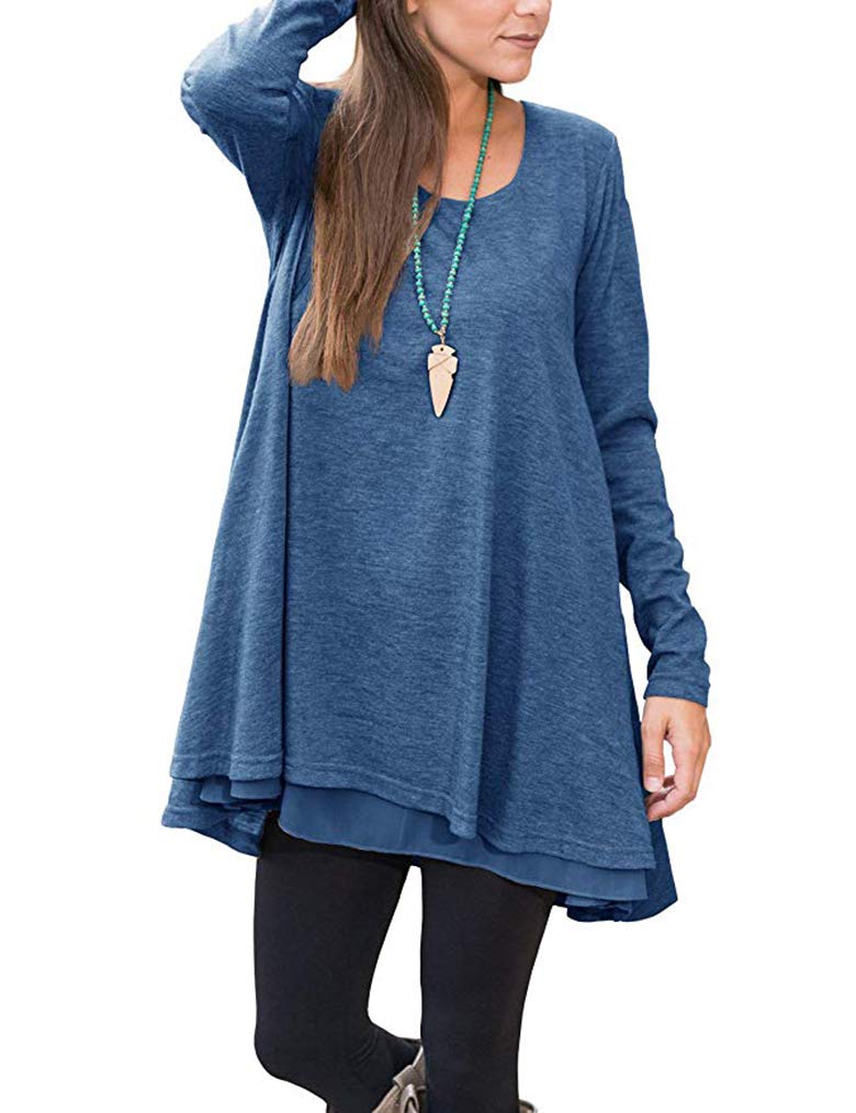 Poetsky Women's Layered Long Sleeve Scoop Neck A-Line Flowy Tunic Blouse Tops (XL, Blue) - Image 1