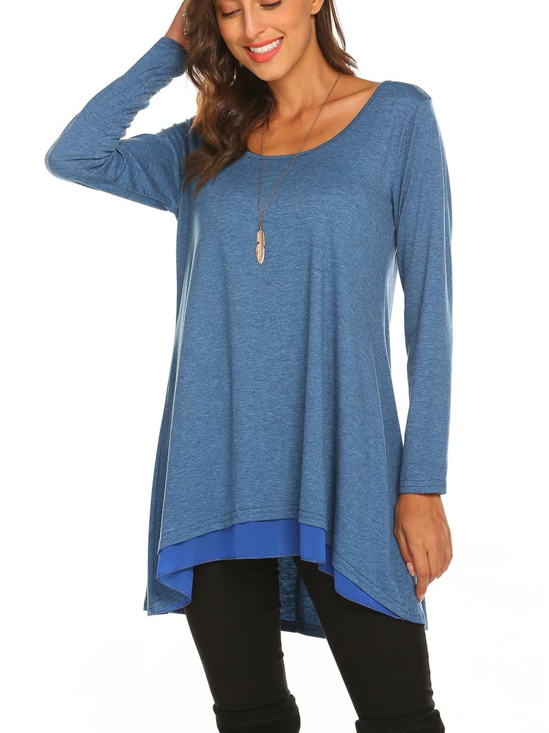 Poetsky Women's Layered Long Sleeve Scoop Neck A-Line Flowy Tunic Blouse Tops (XL, Blue) - Image 4