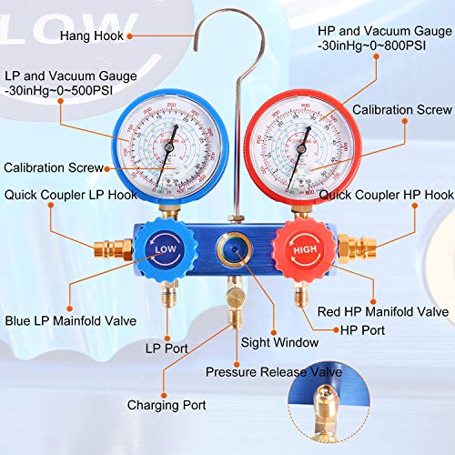JIFETOR 3 Way AC Manifold Gauge Set, HVAC Diagnostic Refrigerant Charging Tool for Auto Household R134A R404A R410A Refrigerant, 5FT Hose Adjustable Quick Coupler Can Tap R410A Adapter (Blue Manifold) - Image 3