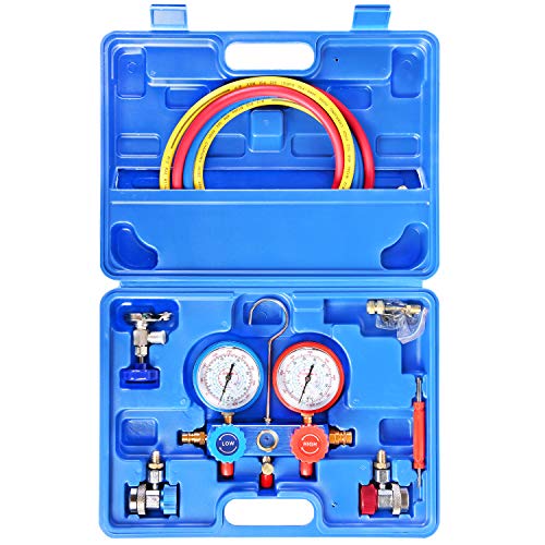 JIFETOR 3 Way AC Manifold Gauge Set, HVAC Diagnostic Refrigerant Charging Tool for Auto Household R134A R404A R410A Refrigerant, 5FT Hose Adjustable Quick Coupler Can Tap R410A Adapter (Blue Manifold) - Image 1