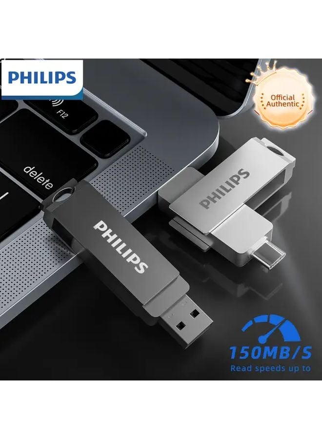 فلاش درايف فيليبس مزدوج USB C سعة 32 جيجابايت باللون الرمادي بتصميم دوار 360 وسرعة نقل 150 ميجابايت/ثانية - Image 2