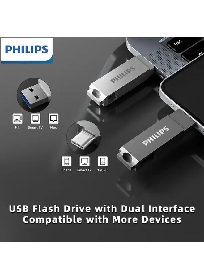 فلاش درايف فيليبس مزدوج USB C سعة 32 جيجابايت باللون الرمادي بتصميم دوار 360 وسرعة نقل 150 ميجابايت/ثانية - Image 4