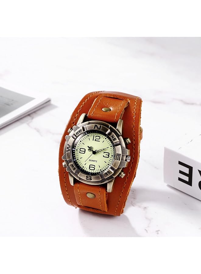 جوليري وي ساعة يد جلدية للجنسين بتصميم عتيق مع قرص دائري - Image 5