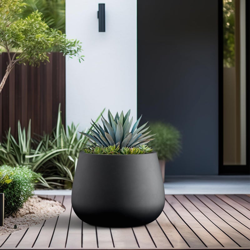 Kante Curva Series Planter, 14.8 Inch Round Concrete Garden Pot with Draiange Hole and Rubber Plug, Suitable for Indoor Plants, Home, Garden, Patio, Black - Image 3