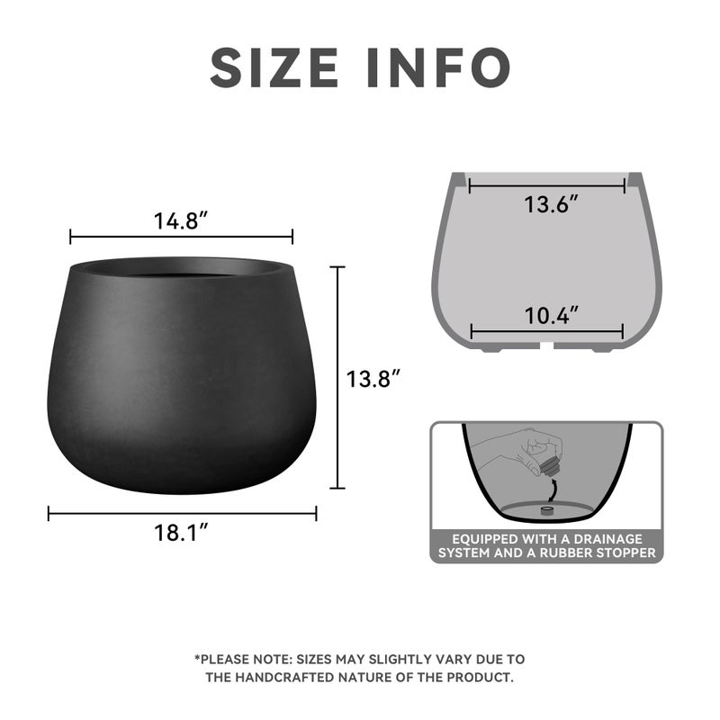 Kante Curva Series Planter, 14.8 Inch Round Concrete Garden Pot with Draiange Hole and Rubber Plug, Suitable for Indoor Plants, Home, Garden, Patio, Black - Image 2