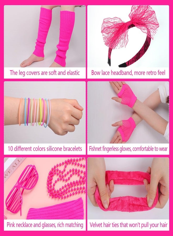 obeoby طقم إكسسوارات حفلات الثمانينيات والتسعينيات من أوبيوبي، طوق رأس وقلادة من الدانتيل، مناسب لحفلات الهالوين والحفلات التنكرية ذات الطابع القديم، لون وردي، مقاس واحد - Image 4