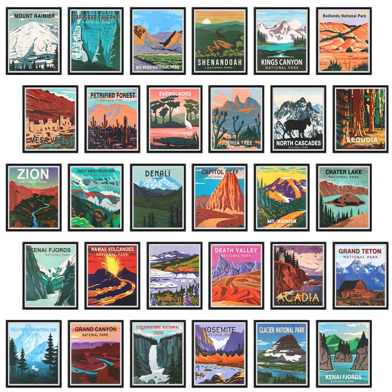 Teling 30 Pieces Vintage Poster Set National Parks Nature Wall Art Travel Prints Wall Art and Mountain Print Posters Unframed for Home Living Room Bedroom Bathroom DecorBright ColorScenery - Image 2