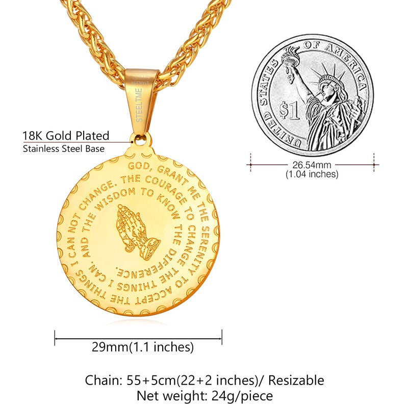 U7 Bible Verse Prayer Necklace 18K Gold Plated Christian Jewelry for Men Women Round Coin Praying Hands Medal Pendant with 22 Inch Chain - Image 5