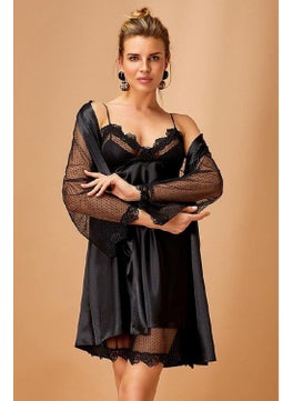 Nurteks 5310 Women's Satin Rope Strap Nightgown Dressing Gown Set-Black  - Image 1