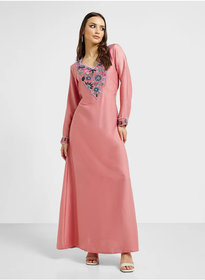 ARABIAN CLOSET Embellished Belted Jalabiya