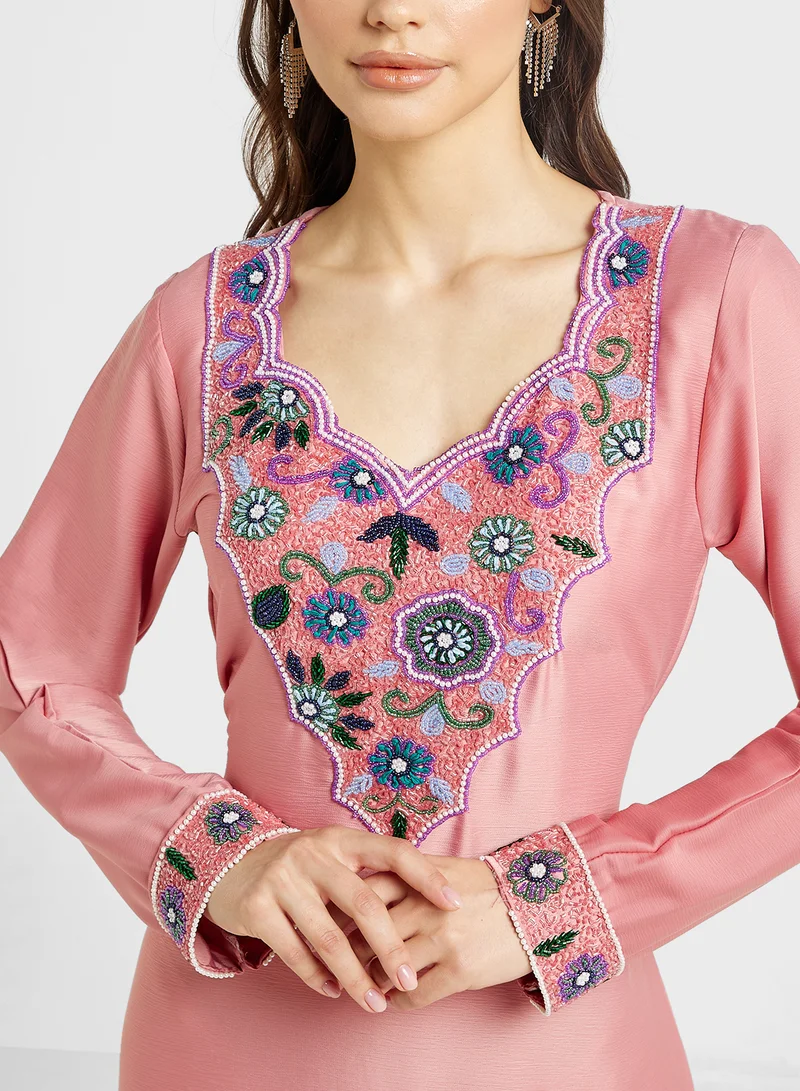 ARABIAN CLOSET Embellished Belted Jalabiya