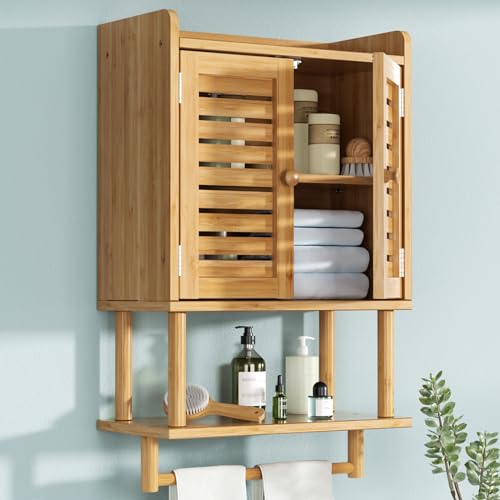 AmazerBath AmazerBath Bathroom Wall Cabinets Bamboo Medicine Cabinets with Towel Bar Wall Mounted Storage Cabinet with Adjustable Shelves 2 Doors Over The Toilet Storage for Small Spaces83x165x266 Inches 