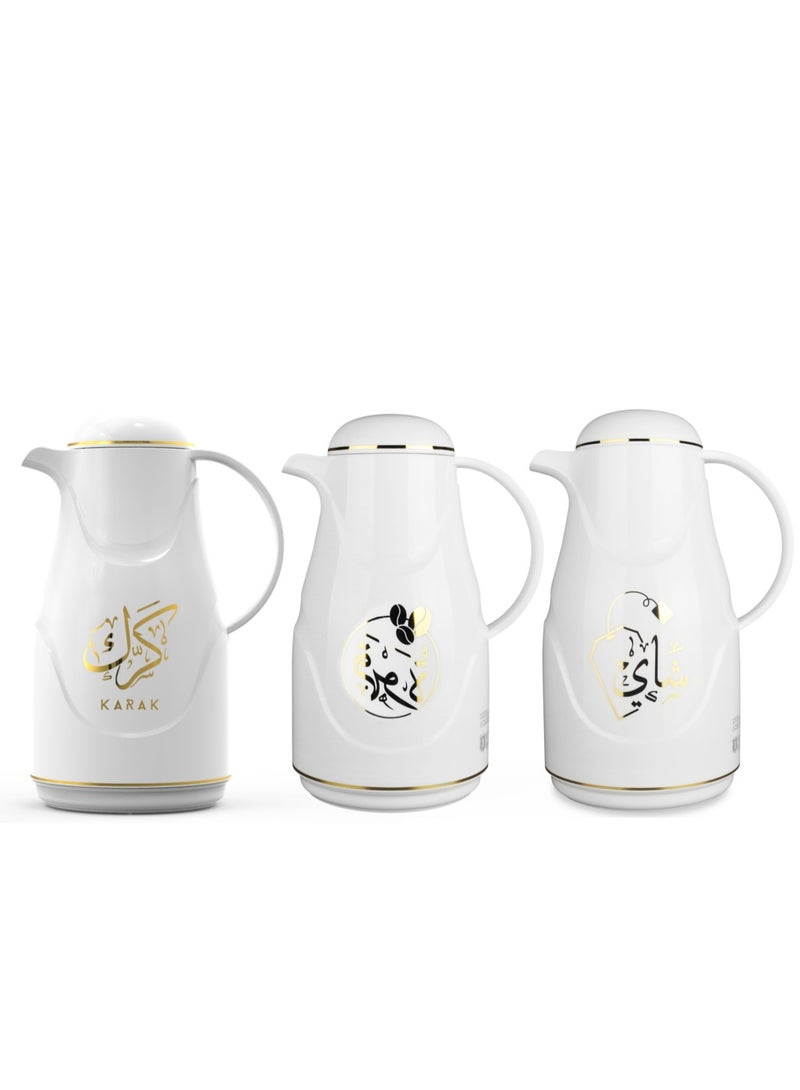 ريجال من Ripple – طقم ترامس عربي 3 قطع (1.0 لتر شاي + 1.0 لتر قهوة + 1.0 لتر كرك) | أبيض وذهبي شامبين مزخرف بالخط العربي | بطانة زجاجية | ترامس حرارية للمشروبات الساخنة والباردة
