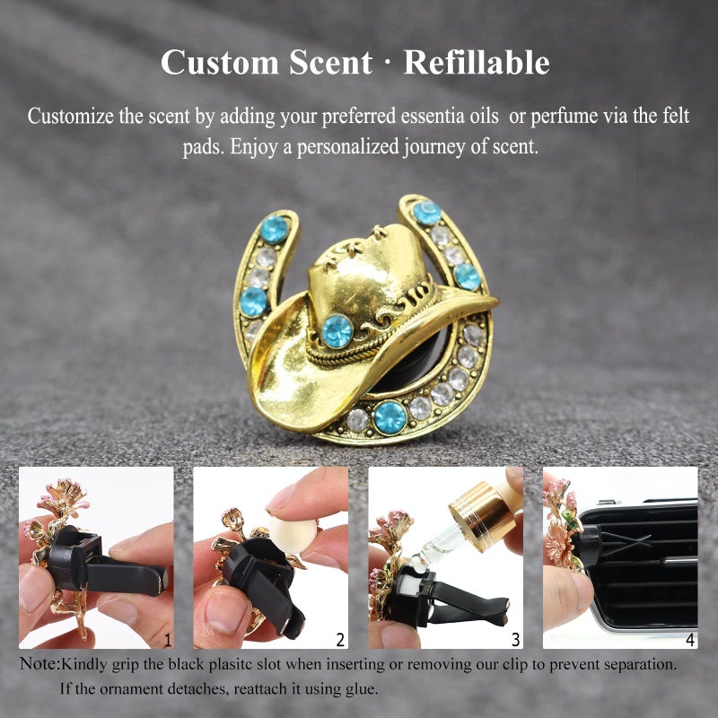 ORIESSE Cowboy Cowgirl Car Air Freshener Vent Clip,Bling Western Car Decor,1pc Women Men Vehicles Trucks Dashboard Decoration Accessories,Refillable Alloy Cowboy Hat Charm Diffuser - Image 5
