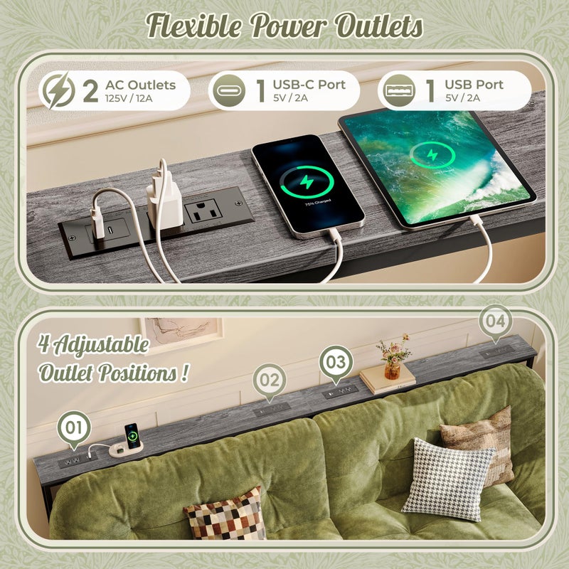 Huuger 102.4 Inch Sofa Table with Power Outlets, 23.9â€™â€™-34.4â€™â€™ Height Adjustable Range, Behind Couch Table with USB-C Ports, Sofa Tables Narrow Long, Skinny Console Table, for Small Spaces, Grey - Image 5