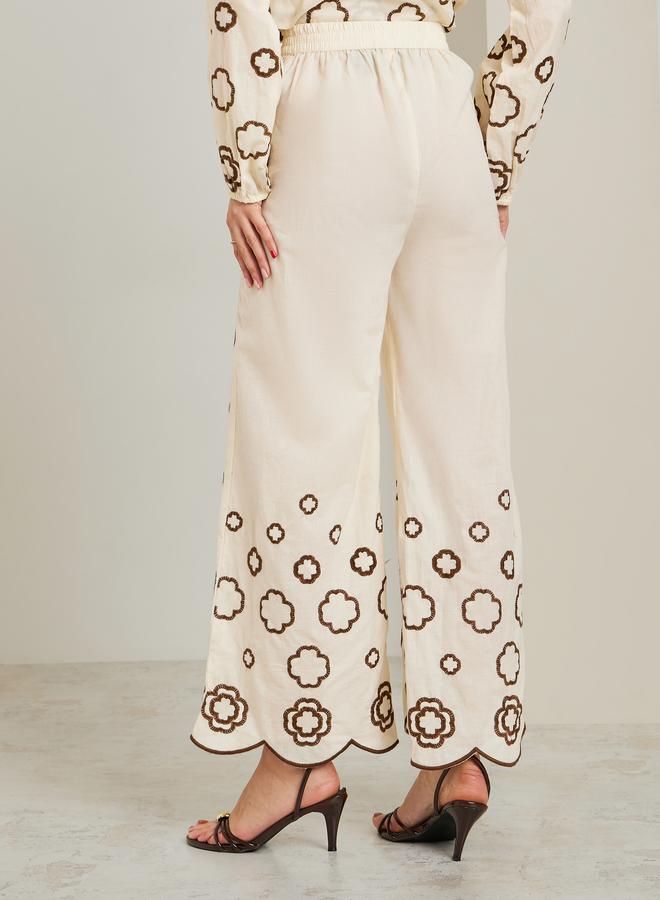 Styli Women Off White Embroidered Wide Leg Trousers - Image 4