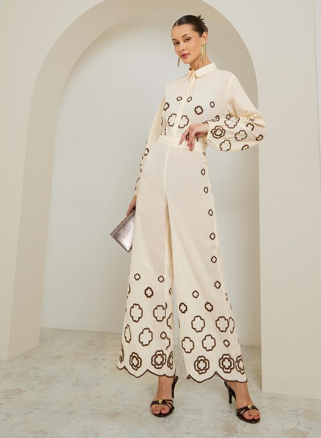 Styli Women Off White Embroidered Wide Leg Trousers - Image 1