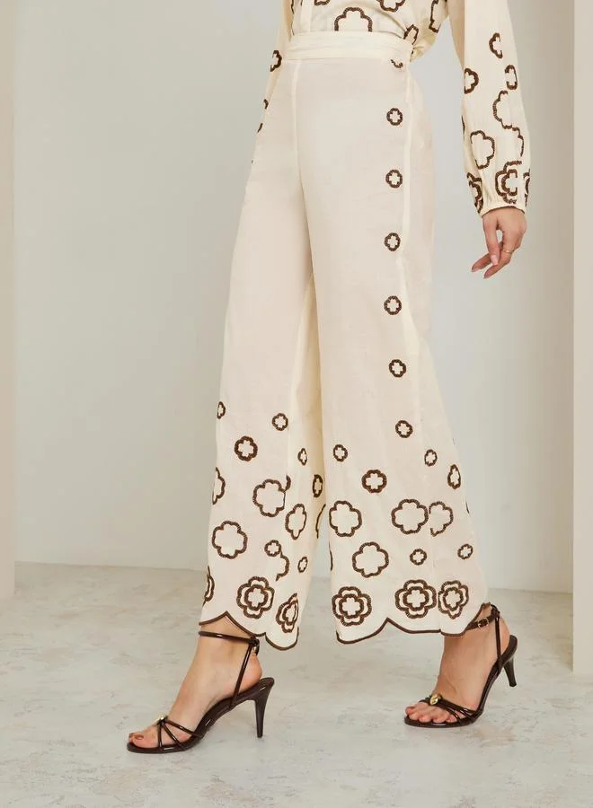 Styli Women Off White Embroidered Wide Leg Trousers