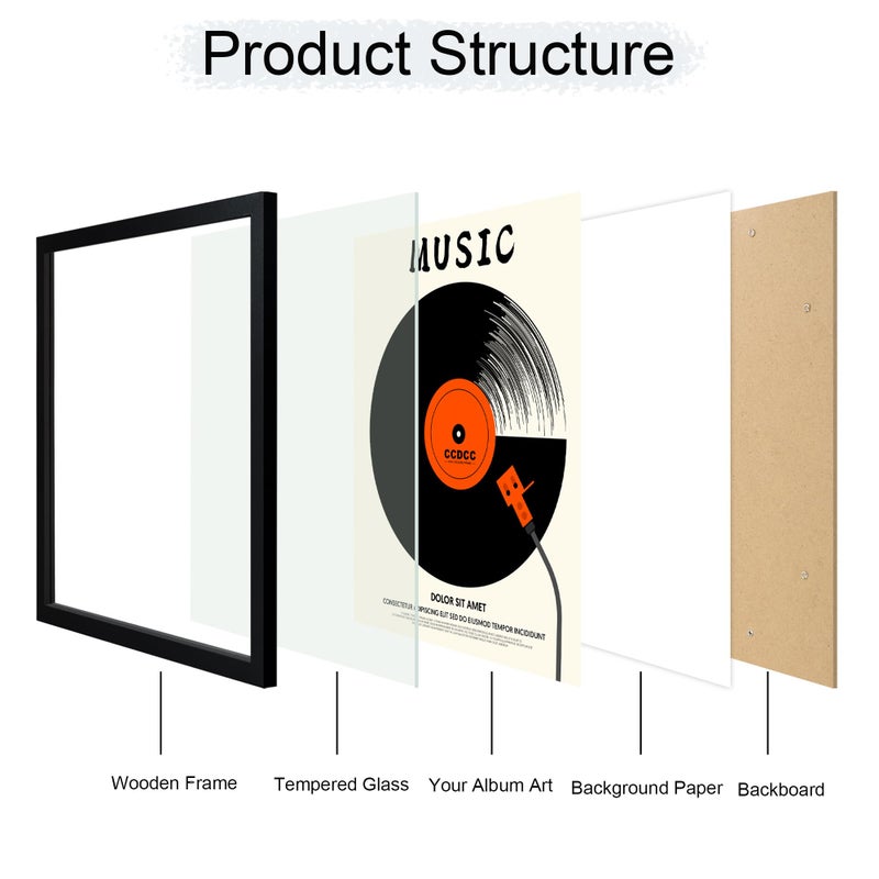 ccdcc 12.6x12.6 Vinyl Record Frame 1 Pack, Black Wooden Album Cover Display Frame with Tempered Glass Cover for Any 12 By 12 Inch Lp Record Cover - Image 3