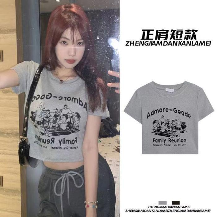 Threaded Shoulder Short-sleeved T-shirt Women's Short Slim-fit Summer New American Style Retro Printed Spice Girls All-match Top Ins - Image 1
